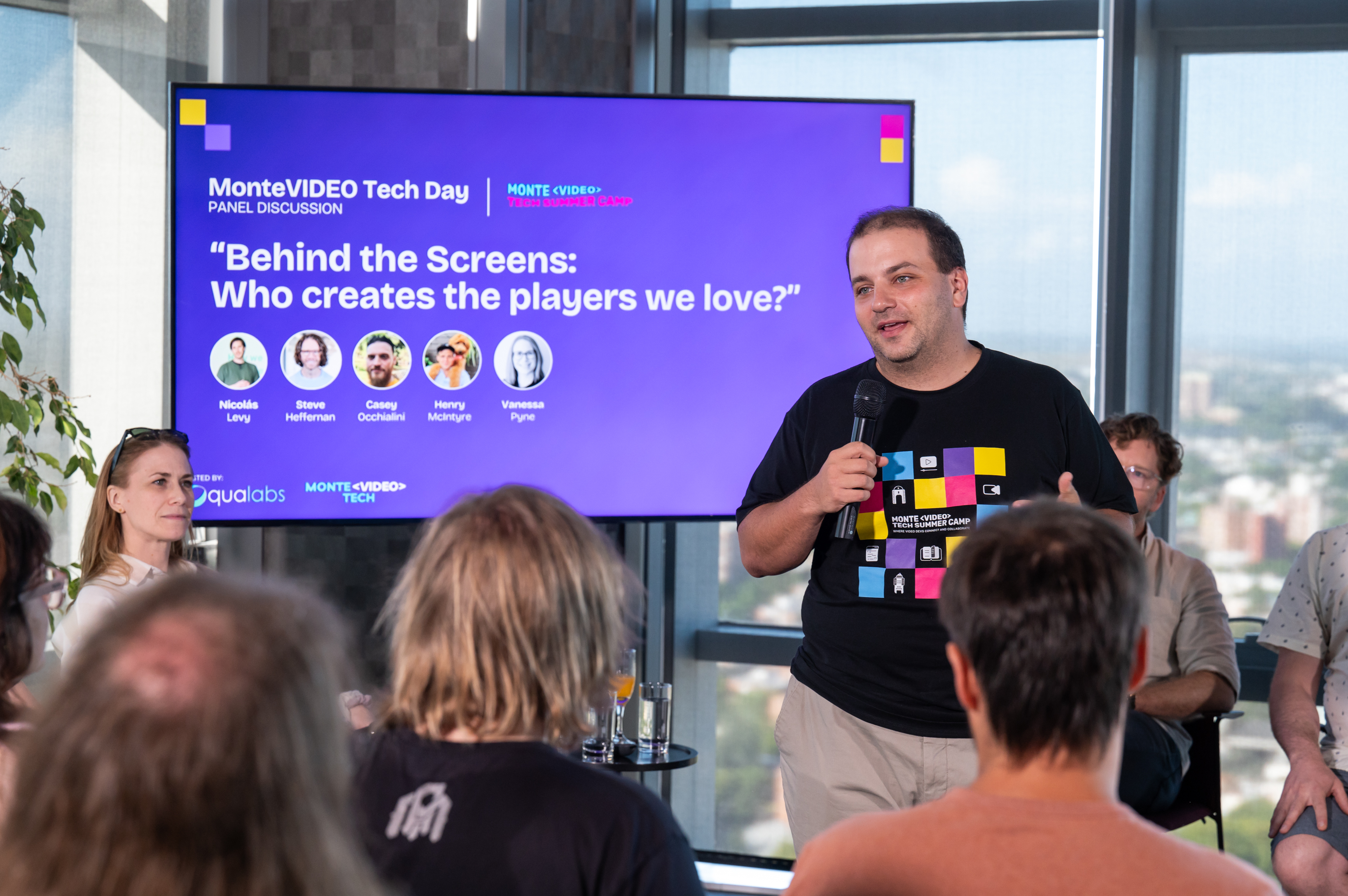 Host introducing the MonteVIDEO Tech Day panel discussion “Behind the Screens: Who creates the players we love?”