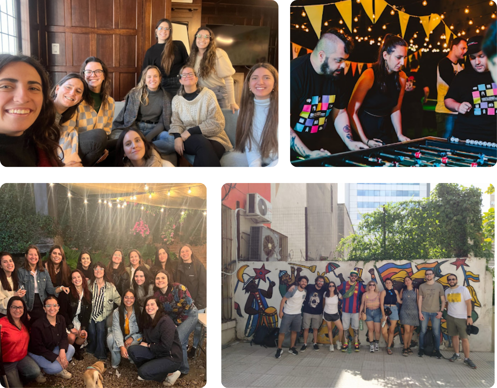 Collage of four community photos: a group of women together in a wood-panelled room, people playing table football under string lights, a large group portrait in a garden, and campers posing in front of a candombe mural